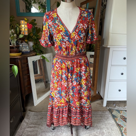Floral Boho Burnt Orange V-Neck Maxi Dress, size XL - Picture 1 of 10